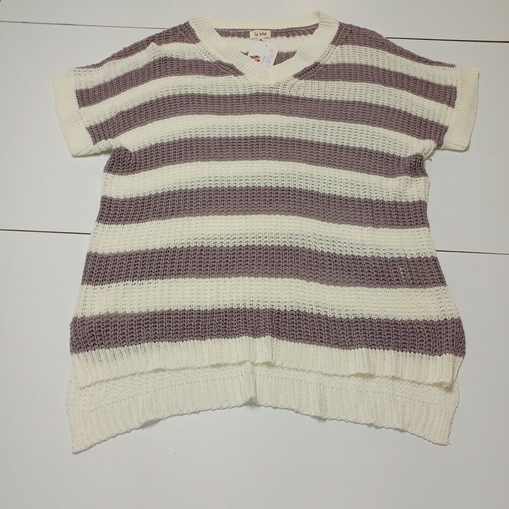 La Miel Womens Small‎ Open Knit Blouse Purple White Striped Short Sleeve V Neck